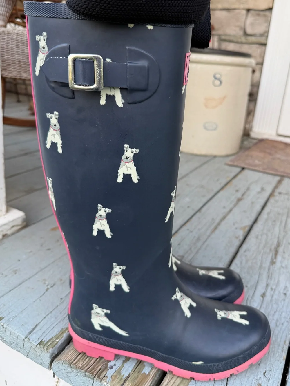 Joules Navy Rain Boots with White Dog Print and Pink Trim